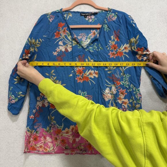 Tolani Collection Blouse Womens Medium Blue Floral Boho Peasant Modal 3/4 Sleeve - Picture 6 of 8